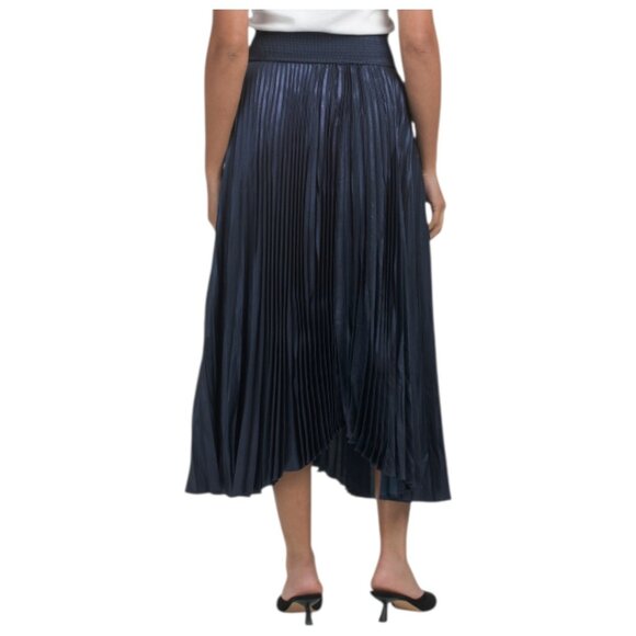 ELIE TAHARI Smocked Waistband Pleated Metallic Midi Skirt With Uneven Hem - Picture 2 of 2